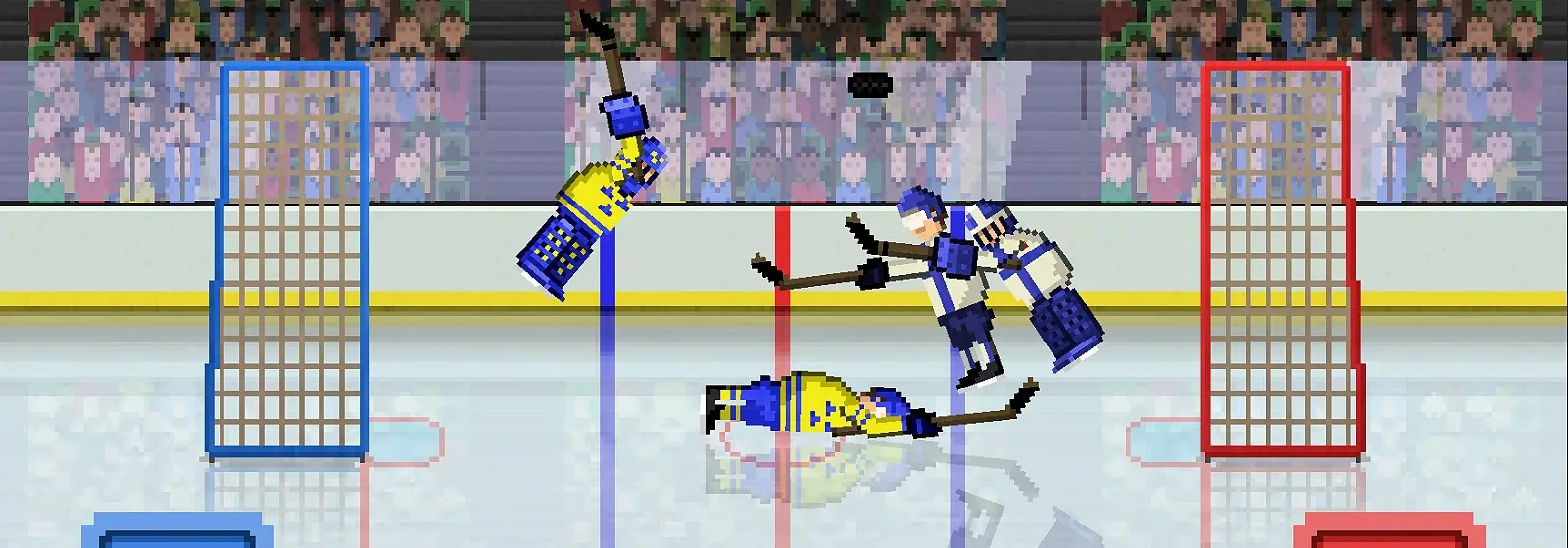 Rinque de hóquei com as duas balizas e o disco no ar em Hockey Hysteria