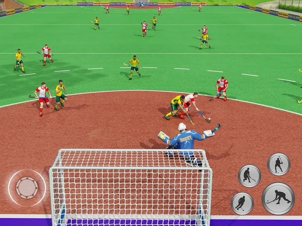 Remate à baliza com o guarda-redes em posição de defesa em Field Hockey Game