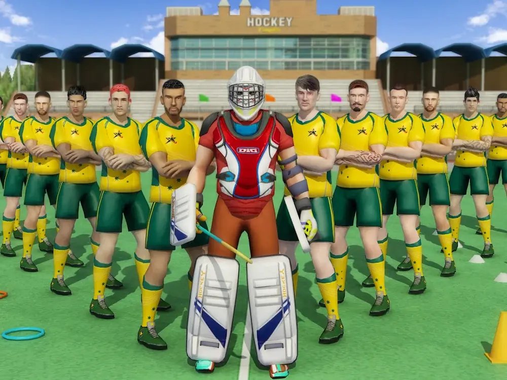 Guarda-redes ao centro da equipa antes do apito inicial em Field Hockey Game
