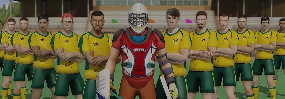 Guarda-redes com equipamento completo à frente da equipa em Field Hockey Game