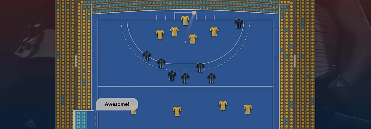 Campo de hóquei visto de cima com as posições da equipa em FIH Hockey Manager