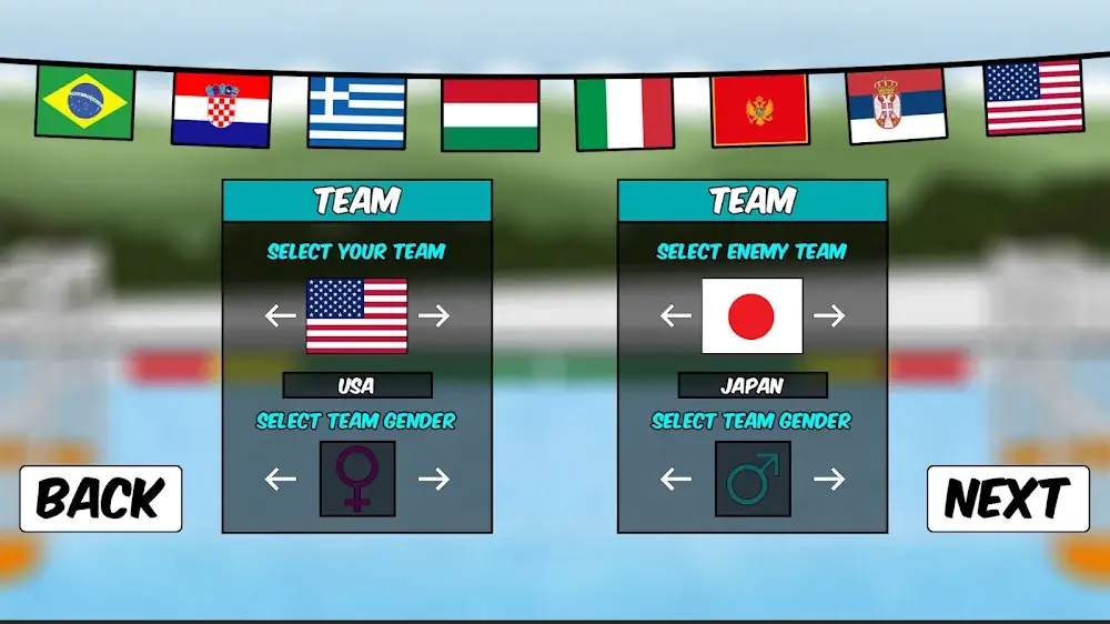 Ecrã de escolha de seleção nacional em Head Water Polo
