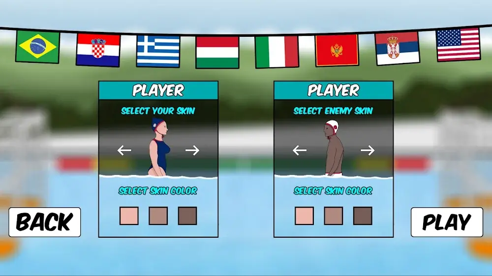 Ecrã de escolha de jogador e de equipamento em Head Water Polo