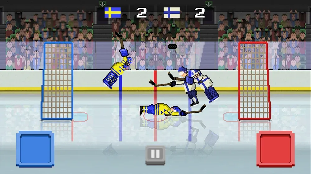 Rinque com as duas balizas e os patinadores em disputa do disco em Hockey Hysteria