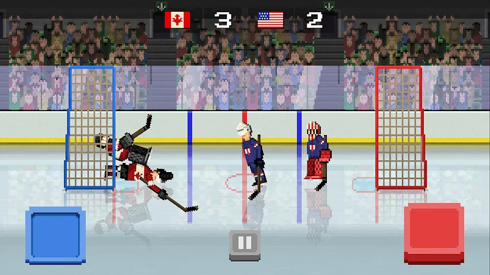 Guarda-redes atirado para dentro da baliza azul a travar o disco em Hockey Hysteria