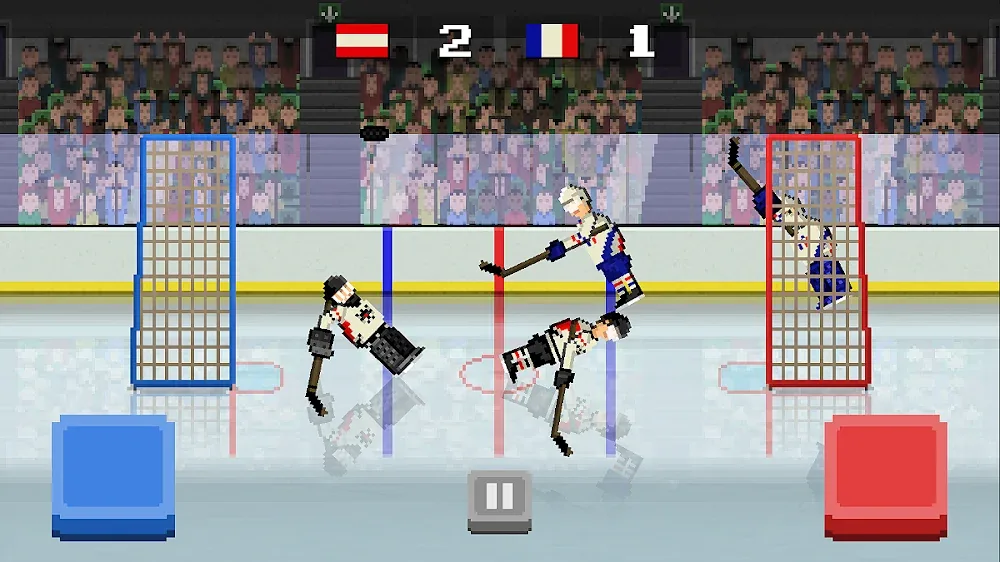 Disco no ar entre as duas balizas com os patinadores em desequilíbrio em Hockey Hysteria