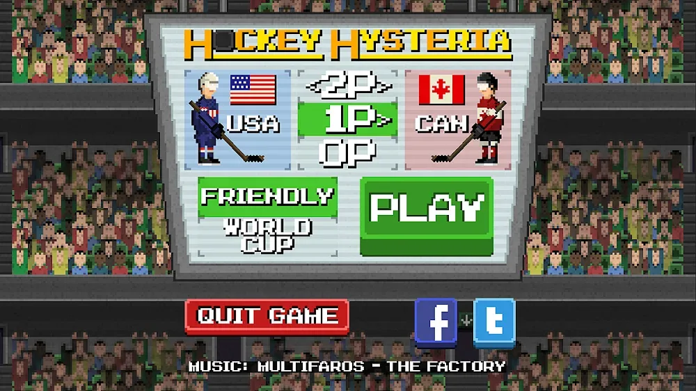 Ecrã inicial com a escolha de seleções e dos modos de jogo em Hockey Hysteria