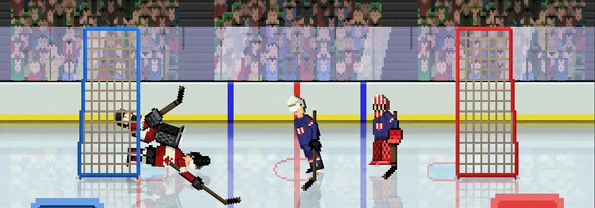 Guarda-redes estendido à frente da baliza azul durante um remate em Hockey Hysteria