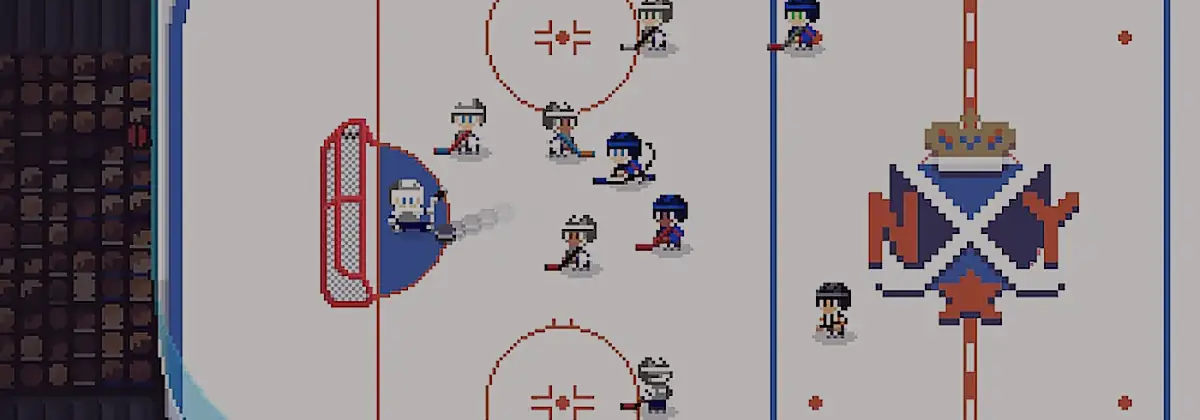Rinque de hóquei no gelo em pixel art com o guarda-redes junto à baliza em Ice League Hockey